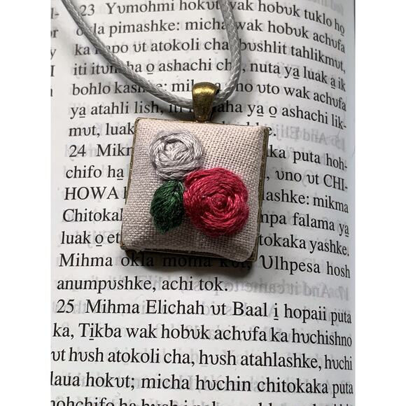 Embroidered Roses Necklace in Square Bezel - Handmade, Handstitched - Picture 3 of 5